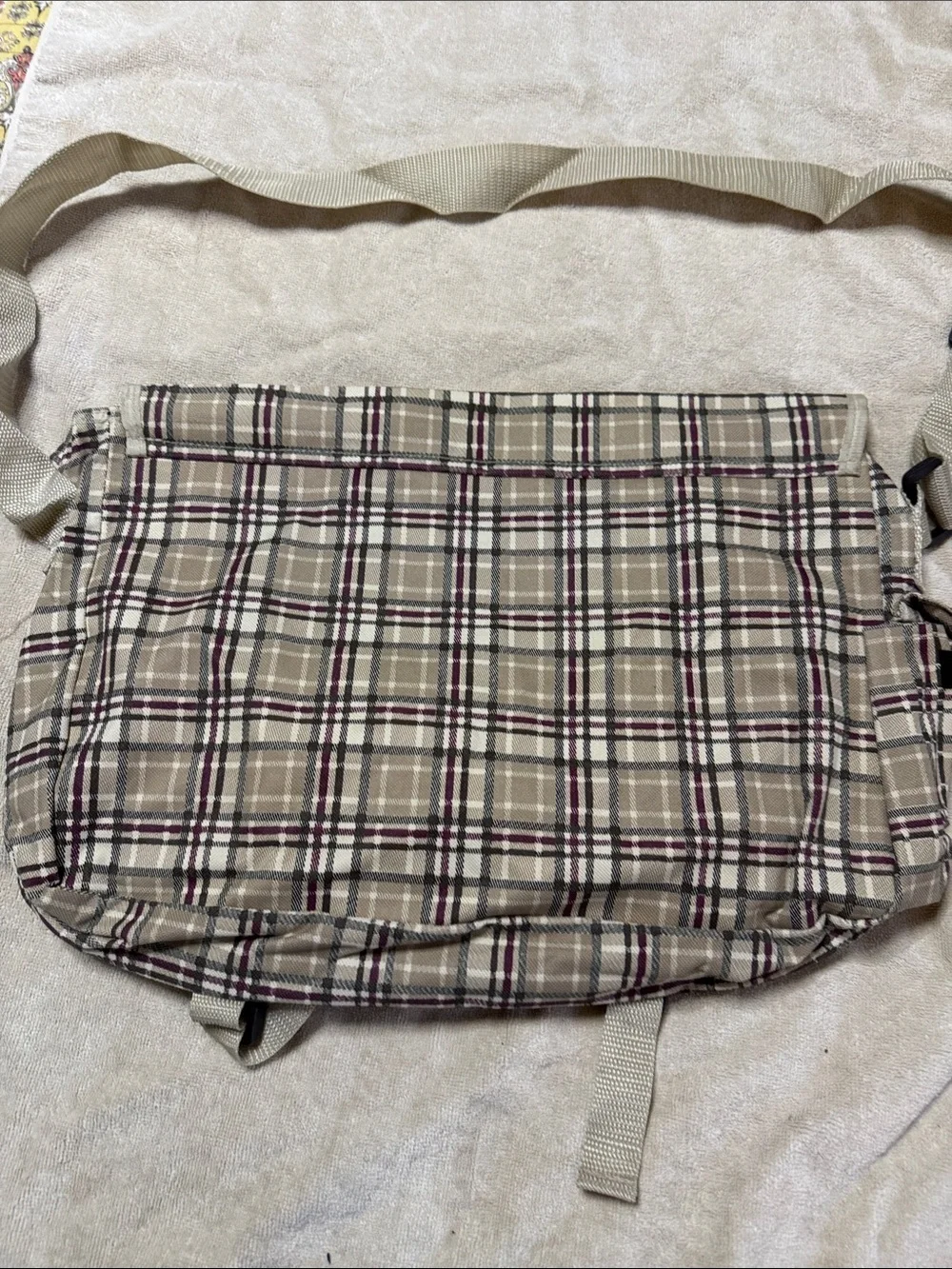 Sperry Beige Plaid Messenger Bag with Burgundy Accents